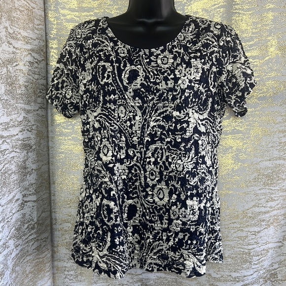 East 5th Navy Blue/White Scoop Neck Pull-over Short Sleeve Blouse Size L - Picture 3 of 13